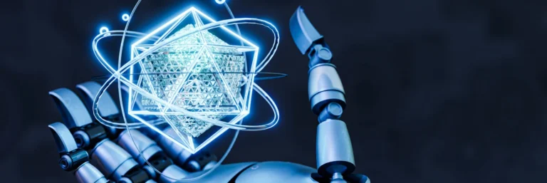 Artificial intelligence robot hand holding an atom.
