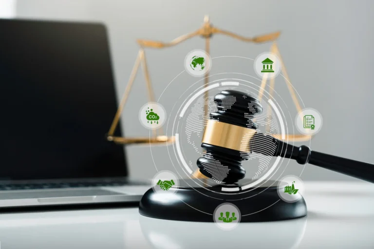 Environment Law for Sustainability Climate. gavel with scale and green icon Environmental Law International for environmental protection regulation. Sustainable environment conservation concept.