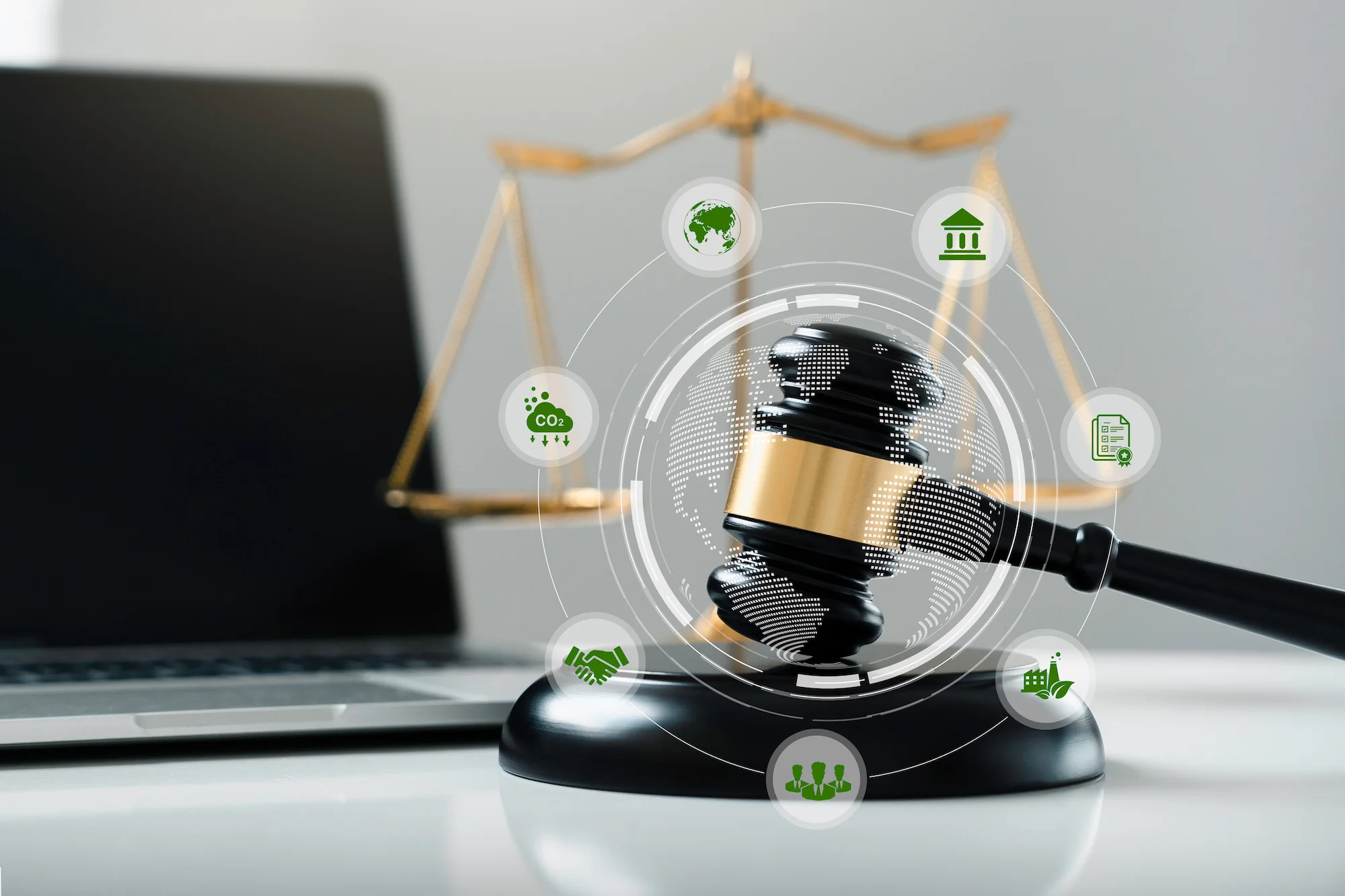 Environment Law for Sustainability Climate. gavel with scale and green icon Environmental Law International for environmental protection regulation. Sustainable environment conservation concept.