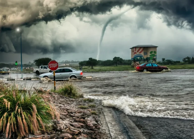 Natural disasters with heavy winds and flood on streets.
