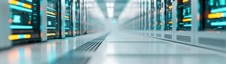 A long hallway lined with server racks in a data center.