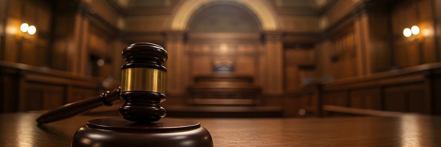 Gavel on Judge's Bench in Courtroom Justice, Law, and Legal System Concept